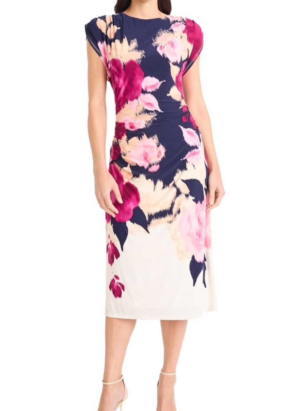 Maggy London Navy, Pink & Cream Floral Midi Dress